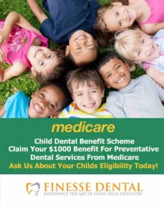 A group of smiling children lying on grass. promotes Medicare's Child Dental Benefit Scheme and Finesse Dental.
