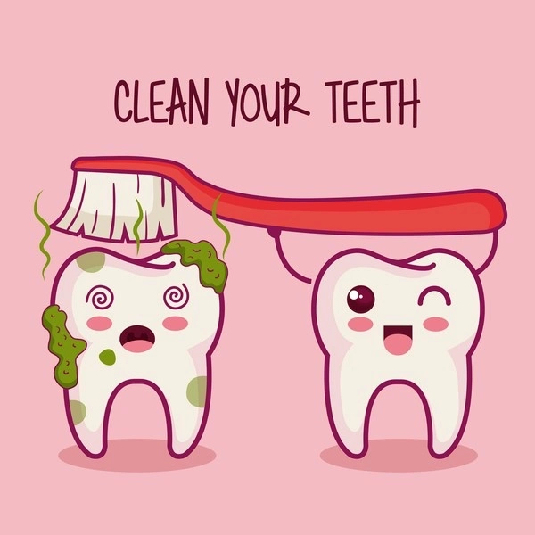 Dental-check-ups Cute illustration of two cartoon teeth. One is dirty and unhappy with green slime