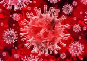 Red-toned image of multiple viruses