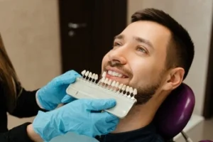 A dentist using a shade guide to match tooth color for a patient, highlighting how natural tooth shade and material selection are key factors affecting veneer tooth results for a seamless smile