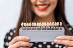 A woman holding a dental shade guide to her smile as part of the treatment methods before getting veneers, illustrating the precise color-matching process used to ensure a natural result