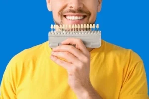 Man in a yellow shirt smiling against a blue background holds a dental shade guide to his teeth, conveying a focus on dental health and aesthetics