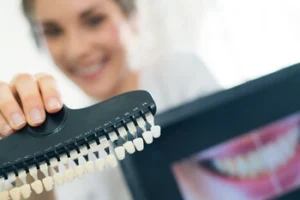 A smiling patient participating in a digital smile design session, using a shade guide to match their natural teeth to the dental veneer treatment plan displayed on the screen