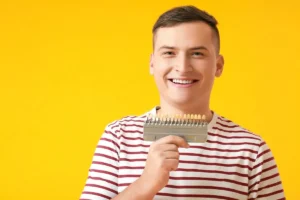 Smiling person holding a dental shade guide against a vibrant yellow background, wearing a white and red striped shirt, conveying a cheerful mood.