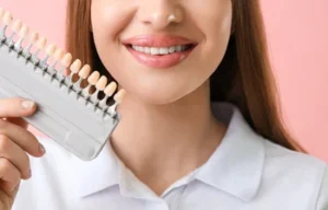 Smiling woman holding a dental shade guide against a pink background. She wears a white shirt, emphasizing her teeth's brightness and alignment.