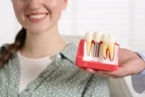 A smiling woman sits beside a hand holding a dental model displaying teeth and gum structure. The setting is bright, conveying a positive tone.