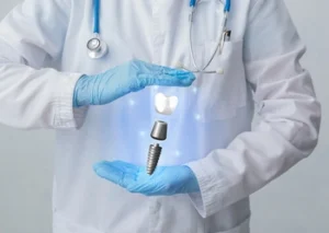 A dentist in a white coat and blue gloves holds a glowing 3D model of a dental implant, highlighting technology and dental care advancements.