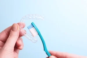 Cleaning,Plastic,Aligner,Aligners,With,A,Toothbrush Cleaning a clear orthodontic aligner with a soft-bristled toothbrush