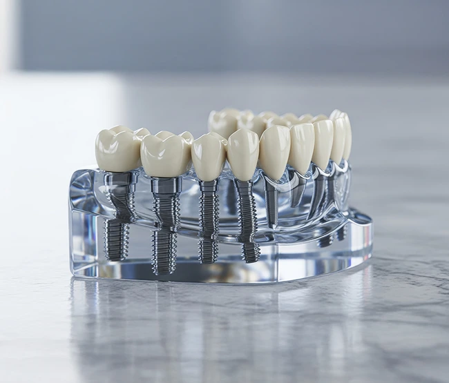 Dental model showing a set of dental implants with white crowns on a transparent base