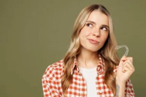 A woman holding a clear orthodontic aligner, wondering if the aligner will stain
