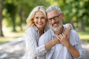 Older couple embracing outdoors