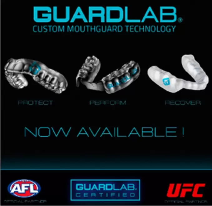 Alt text: "GuardLab ad showcasing custom mouthguards labeled Protect, Perform, and Recover. Includes AFL and UFC logos as official partners. Dark background with bright blue text reading 'Now Available!' conveying a professional tone."