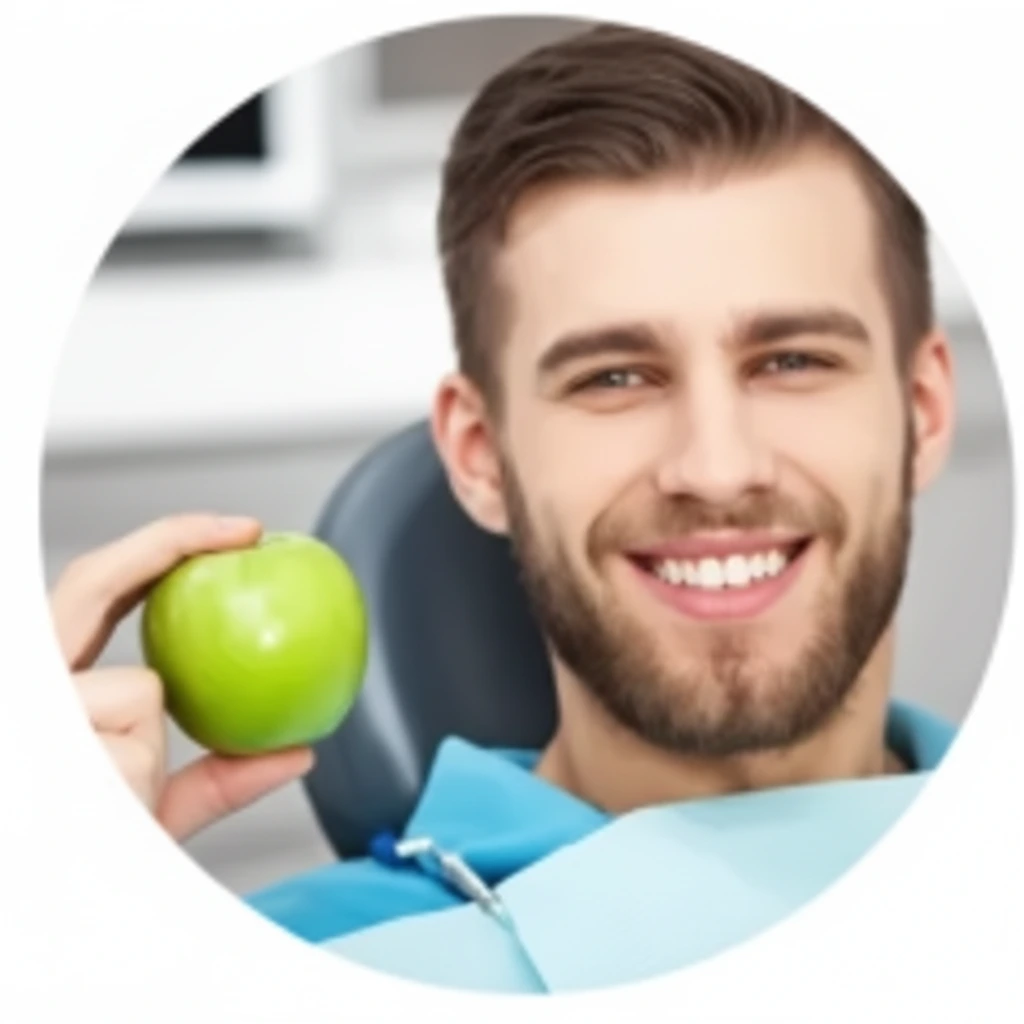 A happy man holding an apple